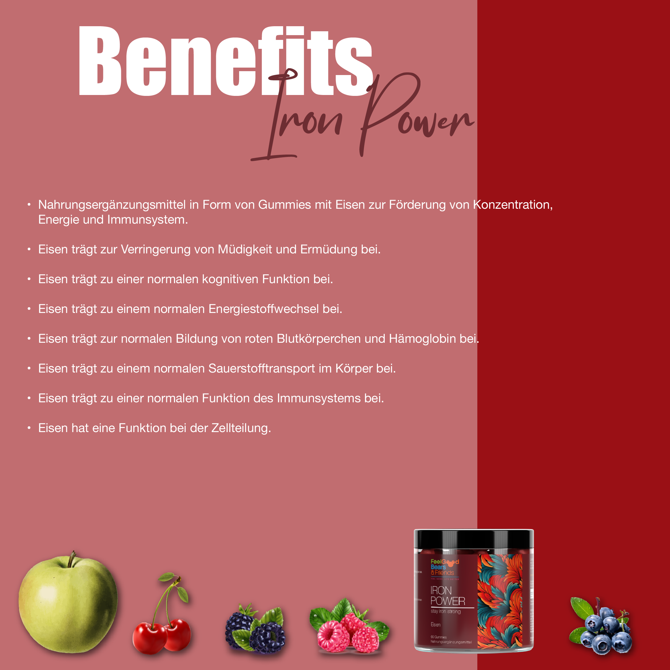 Nahrungsergänzungsmittel als Vitamin-Gummie mit Eisen zur Förderung von Konzentration, Energie und Immunsystem. Verringern Sie Müdigkeit und unterstützen Sie kognitive Funktionen sowie den Energiestoffwechsel.