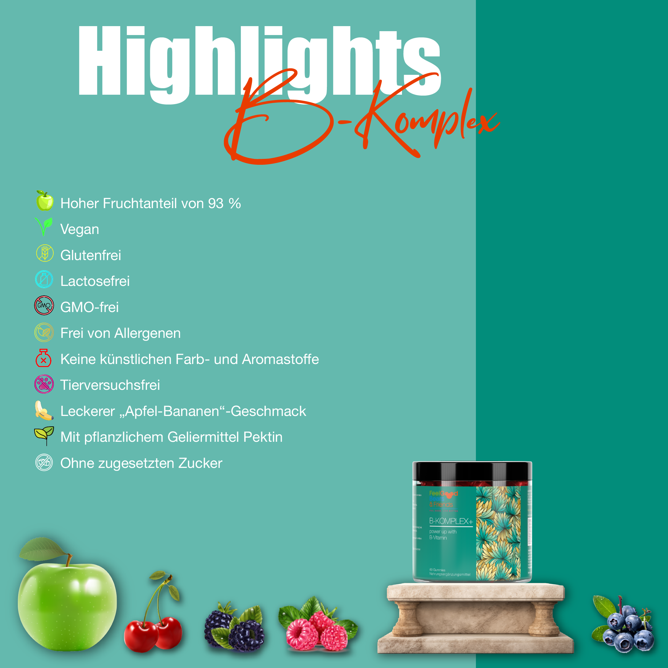 Vegane Vitamin-Gummies mit Früchten und Vitamin B-Komplex