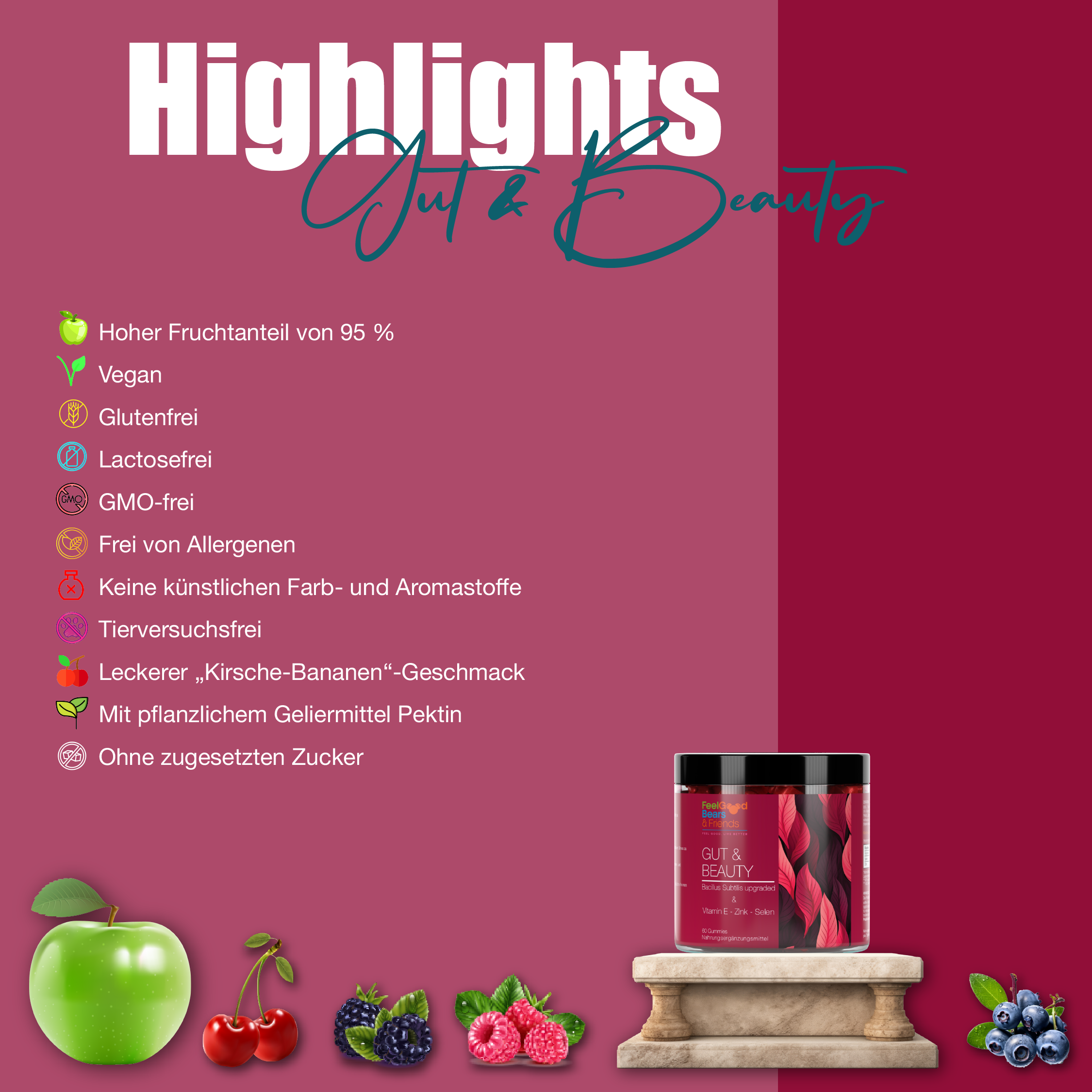 Vitamin-Gummibärchen-Nahrungsergänzungsmittel mit Bacillus Subtilis unterstützen Darmflora, Haut, Haare, Nägel und Stoffwechsel