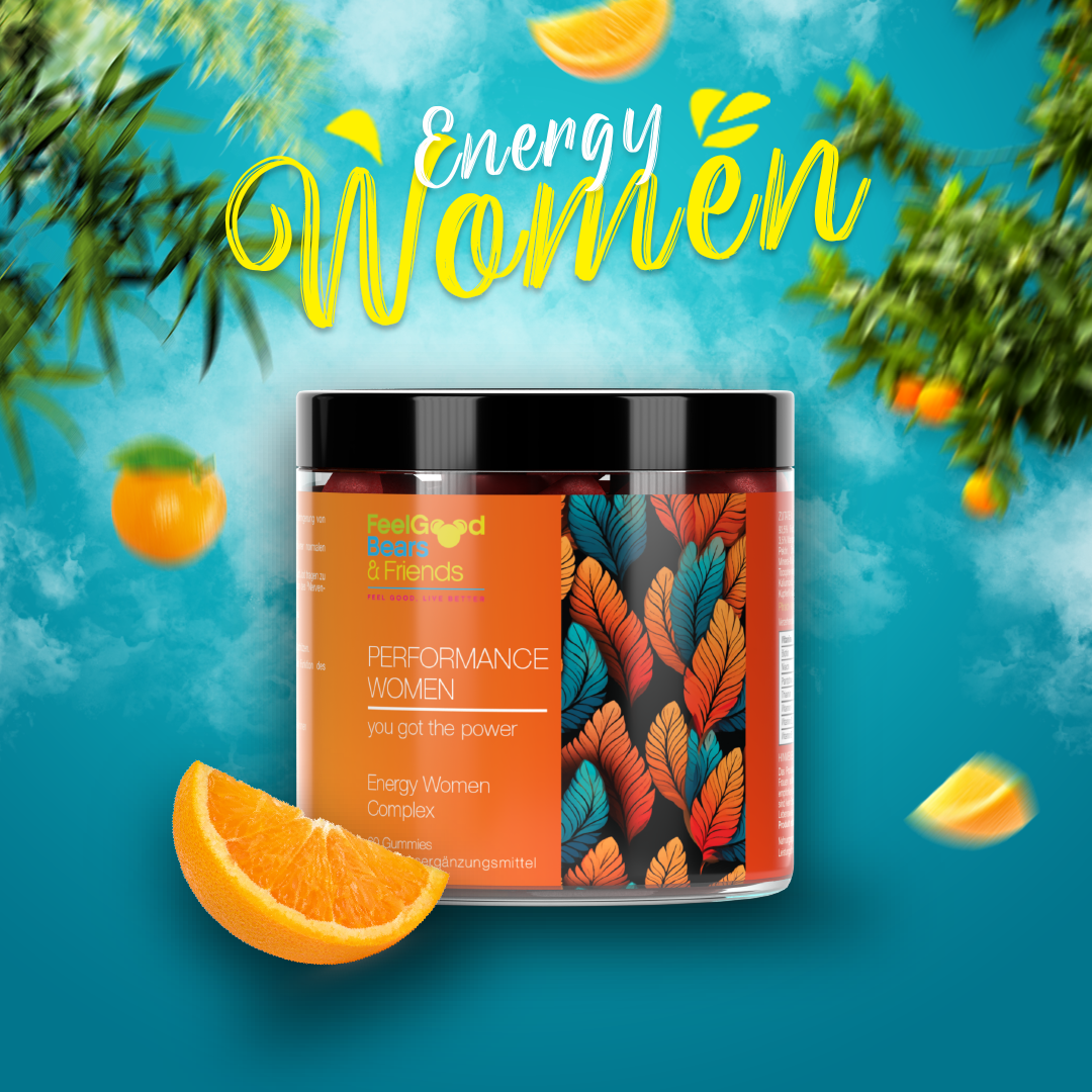 Nahrungsergänzungsmittel als Vitamin-Gummie für Energie, Kraft, geistige Leistungsfähigkeit und Immunsystem entwickelt für Frauen.