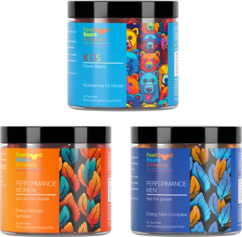 Nahrungsergänzungsmittel als Vitamin-Gummie für Energie, Kraft, geistige Leistungsfähigkeit, Konzentration und Immunsystem entwickelt für die ganze Familie.