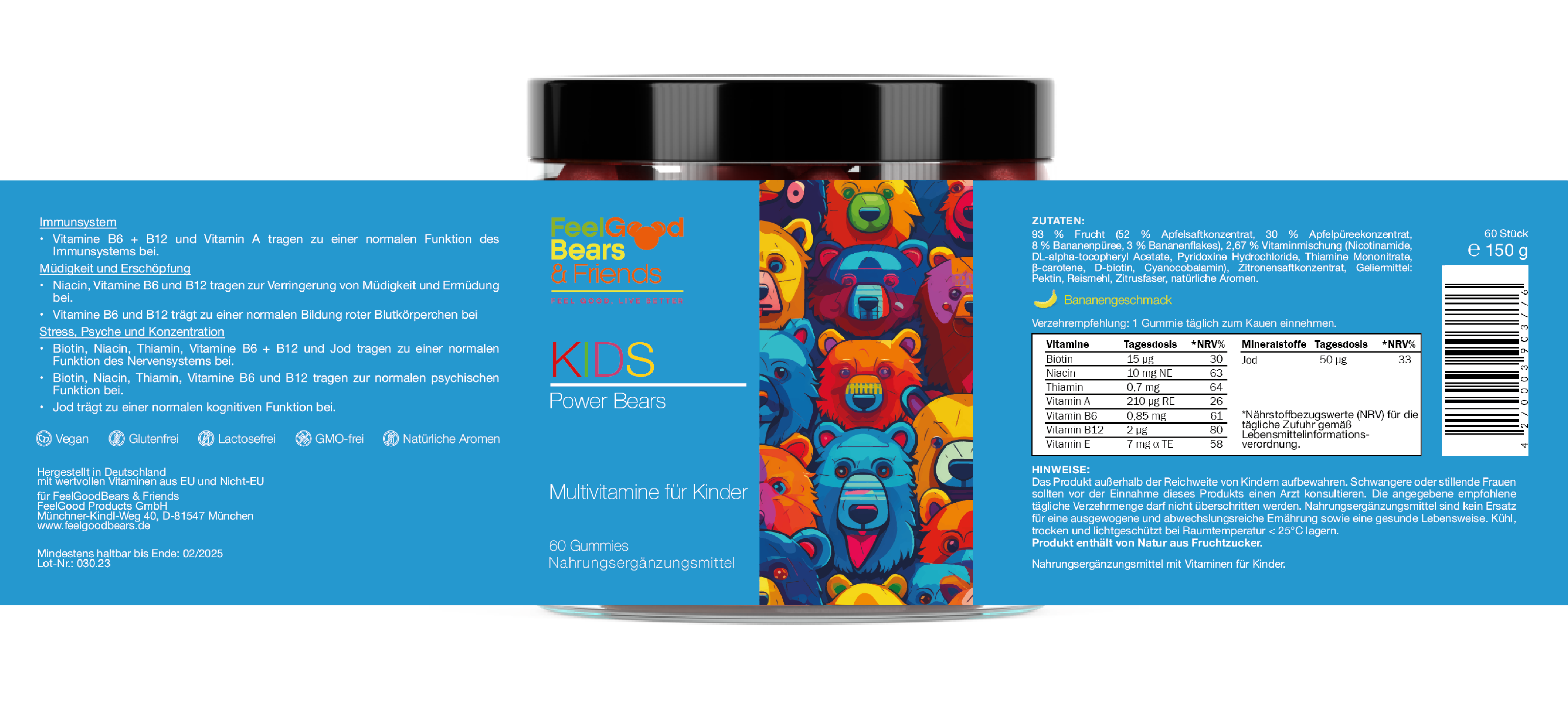 Nahrungsergänzungsmittel als Multivitamin-Gummibärchen für Kinder zur Stärkung des Immunsystems und zur Reduzierung von Müdigkeit. Mit B-Vitaminen, Niacin, Thiamin, Vitamin A und Jod für gesunde Entwicklung, Konzentration und Energie