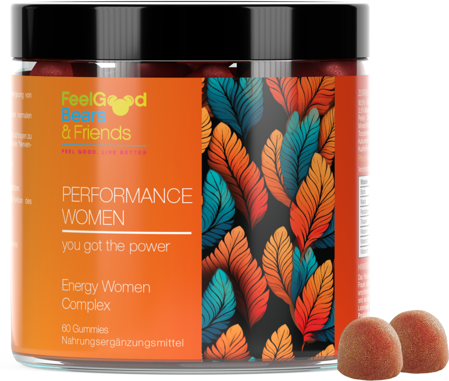 Nahrungsergänzungsmittel als Vitamin-Gummie für Energie, Kraft, geistige Leistungsfähigkeit und Immunsystem entwickelt für Frauen.