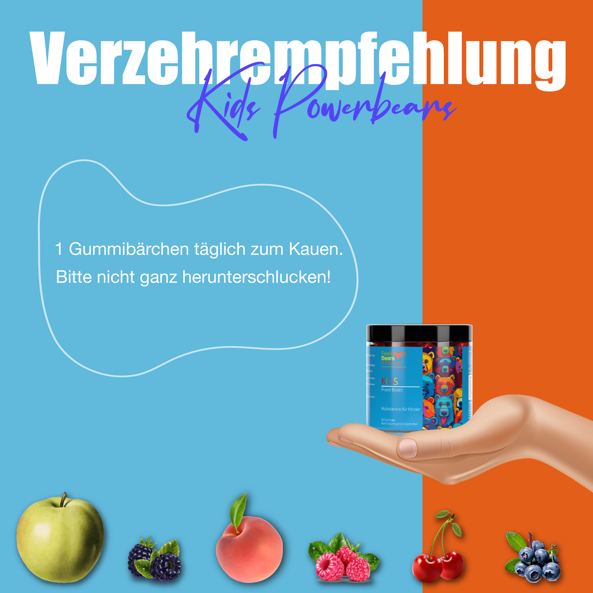 Nahrungsergänzungsmittel als Multivitamin-Gummibärchen für Kinder zur Stärkung des Immunsystems und zur Reduzierung von Müdigkeit. Mit B-Vitaminen, Niacin, Thiamin, Vitamin A und Jod für gesunde Entwicklung, Konzentration und Energie