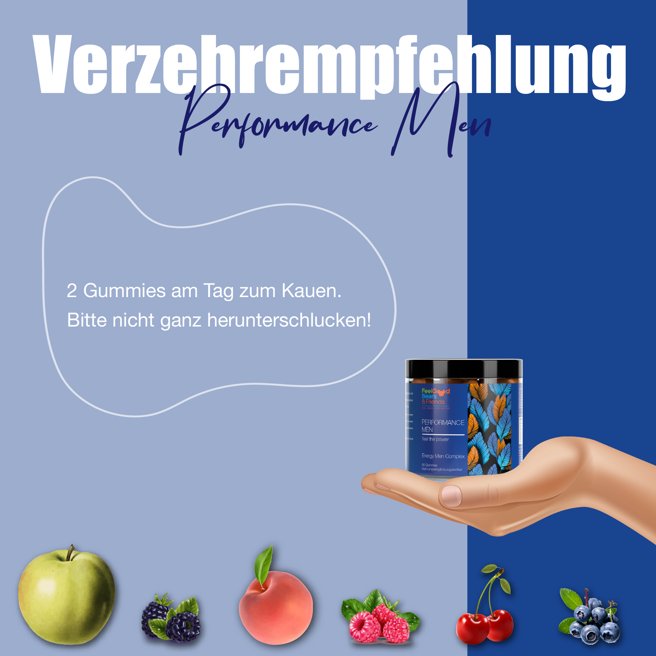 Nahrungsergänzungsmittel als Vitamin-Gummie für Muskelfunktion, Energiestoffwechsel, Testosteronspiegel, Fruchtbarkeit, Reproduktion sowie Gedächtnis, Nerven und bei Ermüdung speziell für Männer.