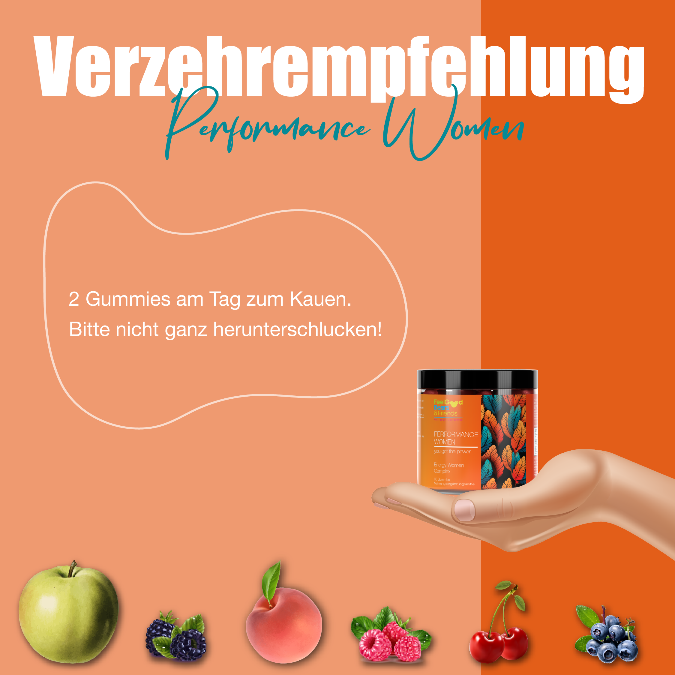 Nahrungsergänzungsmittel als Vitamin-Gummie für Energie, Kraft, geistige Leistungsfähigkeit und Immunsystem entwickelt für Frauen.